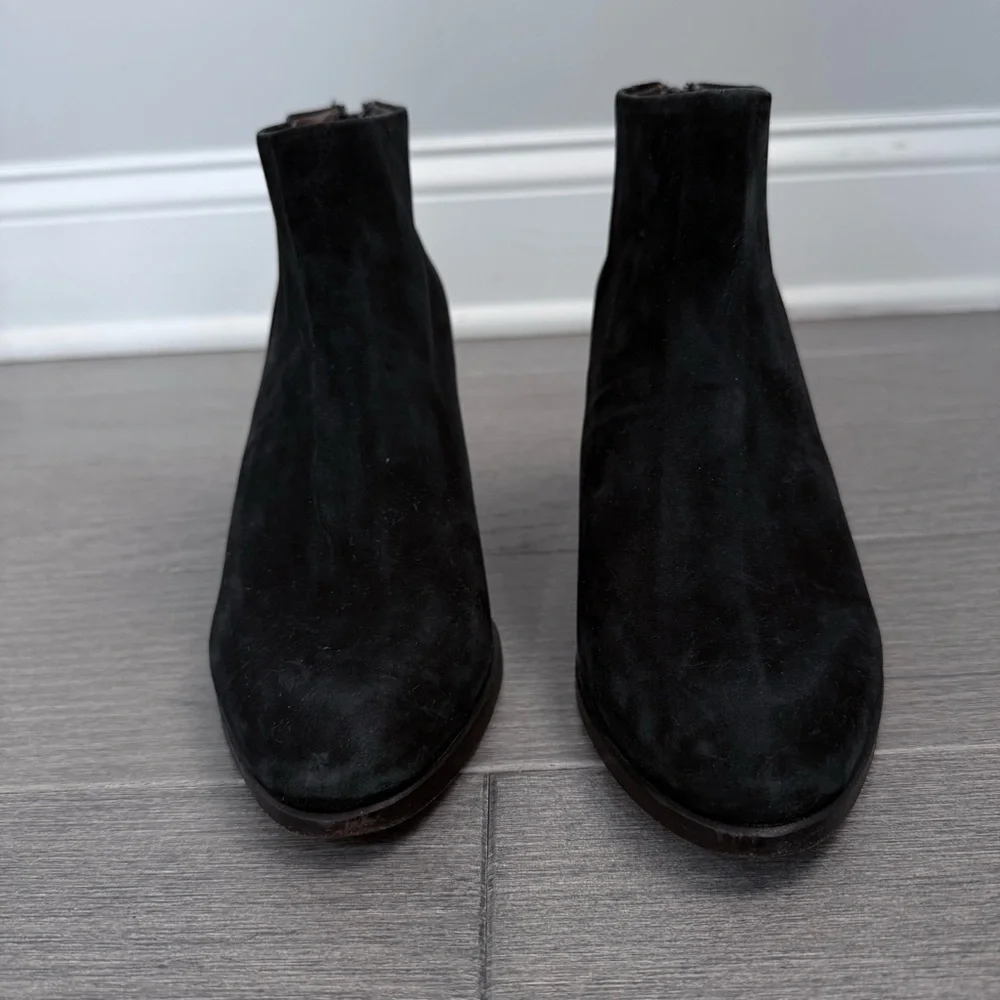 Rachel Comey Prose Black Suede Ankle Booties Stacked Heel 8 Minimalist Western